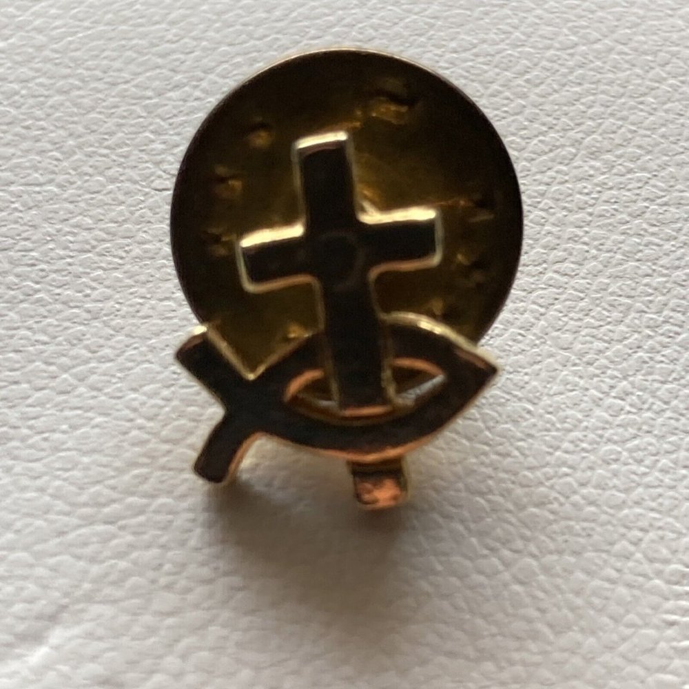 Vintage Jesus Fish with Cross Gold Tone Vintage Lapel Pin 1/2 Inch